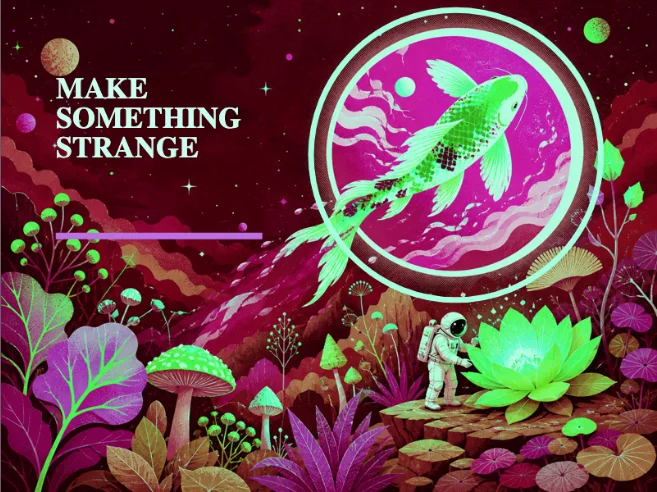 The Cosmic Garden after a large hue shift: the indigo sky is burgundy and the koi and flower glow green.