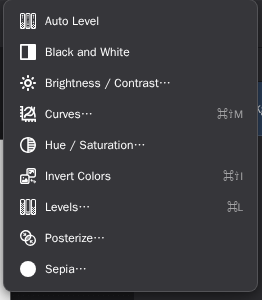 The Adjustments menu listing Auto Level, Black and White, Brightness / Contrast, Curves, Hue / Saturation, Invert Colors, Levels, Posterize and Sepia.