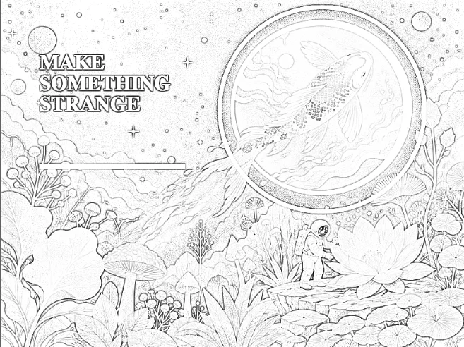 The Cosmic Garden reduced to intricate pencil-style outlines on white.