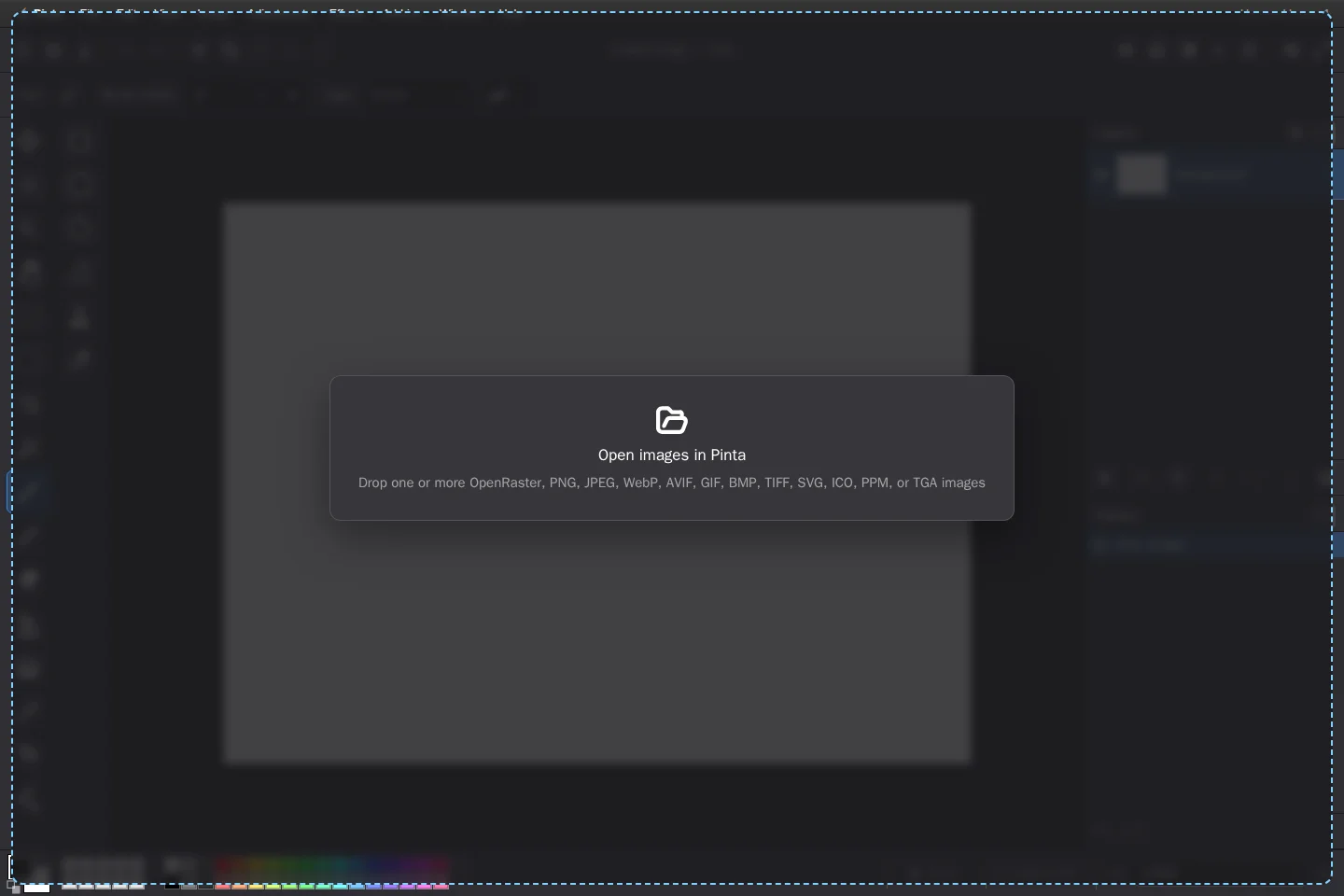 Pinta Online showing a drag-and-drop overlay as an image file is dropped onto the workspace.