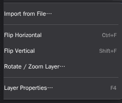 The layer menu listing Import from File, Flip Horizontal, Flip Vertical, Rotate / Zoom Layer, and Layer Properties with their keyboard shortcuts.