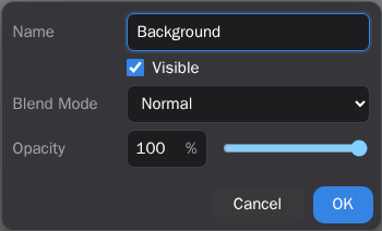 The Layer Properties dialog with name, visibility checkbox, blend mode selector, and opacity slider.