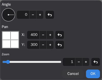 The Rotate and Zoom Layer dialog with angle, scale, and pan controls.