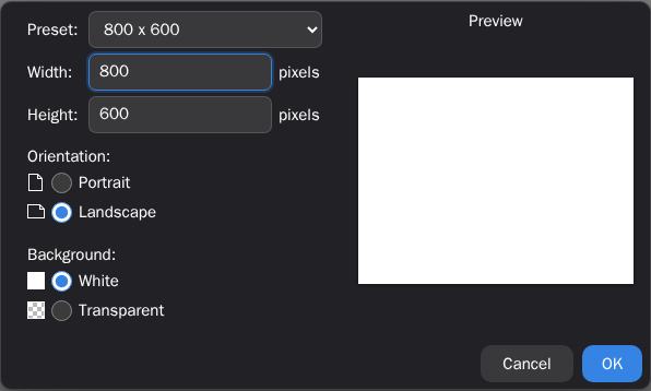 The New Image dialog with width, height, orientation and background presets.