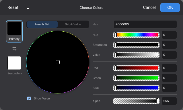 The colour dialog with a colour wheel, hex field and primary and secondary swatches.