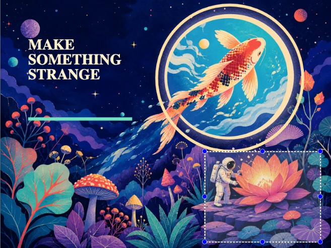 A rectangular selection with resize handles around the astronaut and luminous flower.
