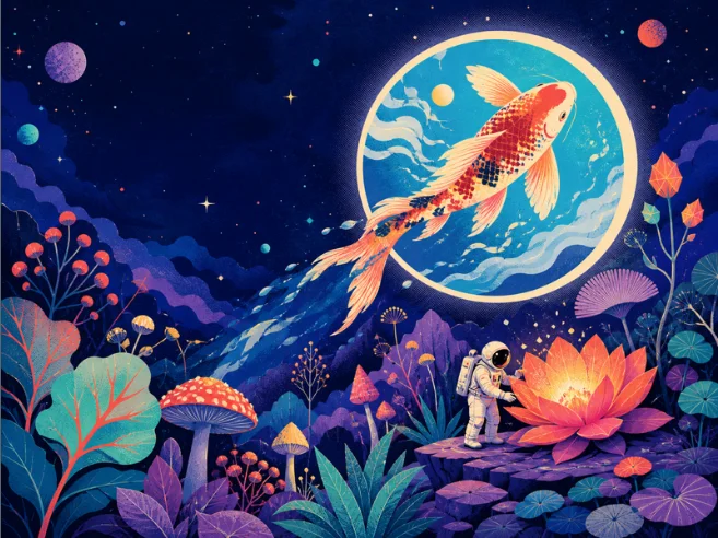 An original surreal illustration of a koi, moon portal, astronaut and glowing flower opened in Pinta Online.