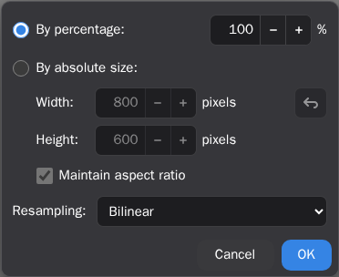 Pinta Online Resize Image dialog with percentage, pixel dimensions, aspect ratio, and resampling controls.
