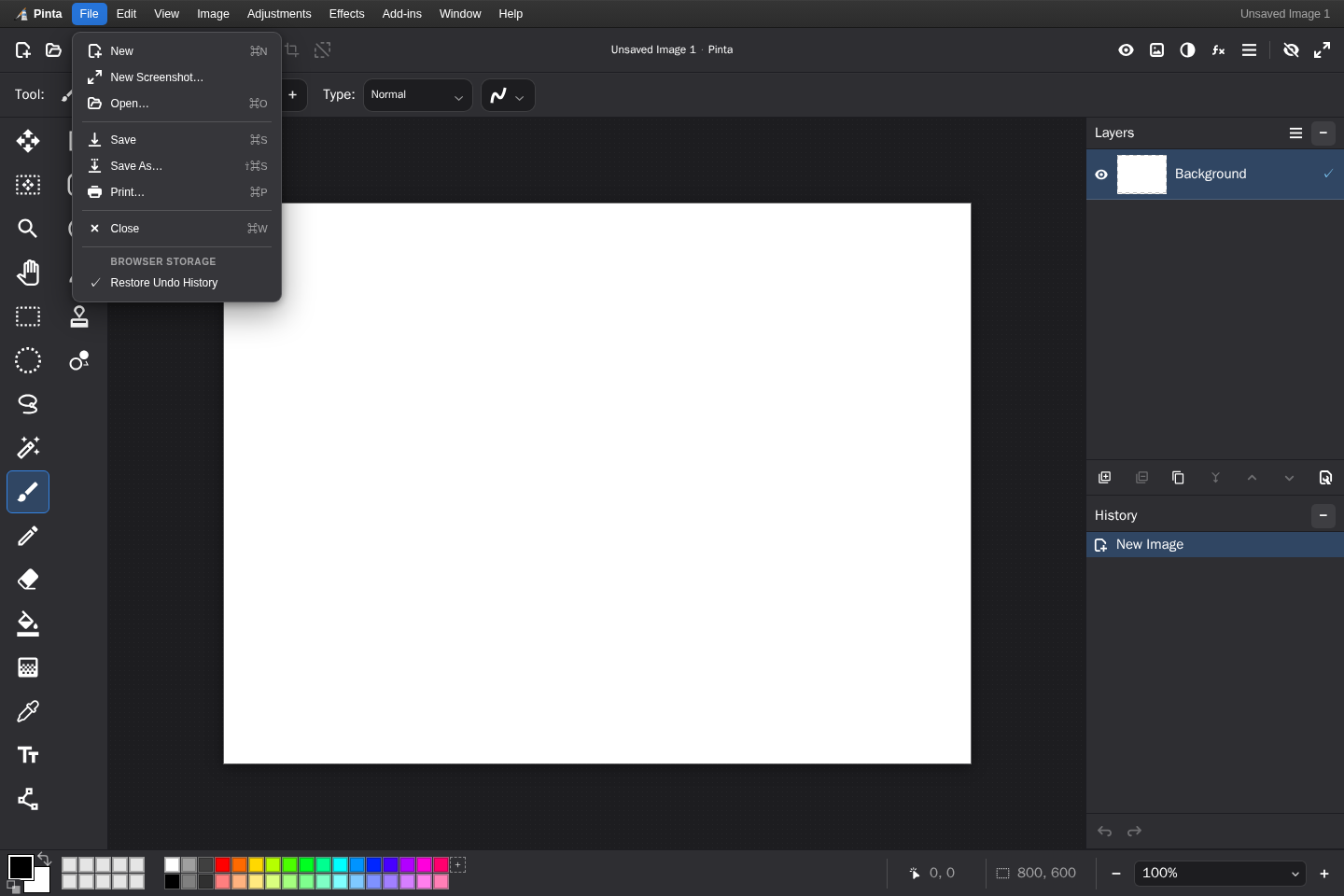 Pinta Online with the File menu open and Pinta keyboard shortcuts visible.