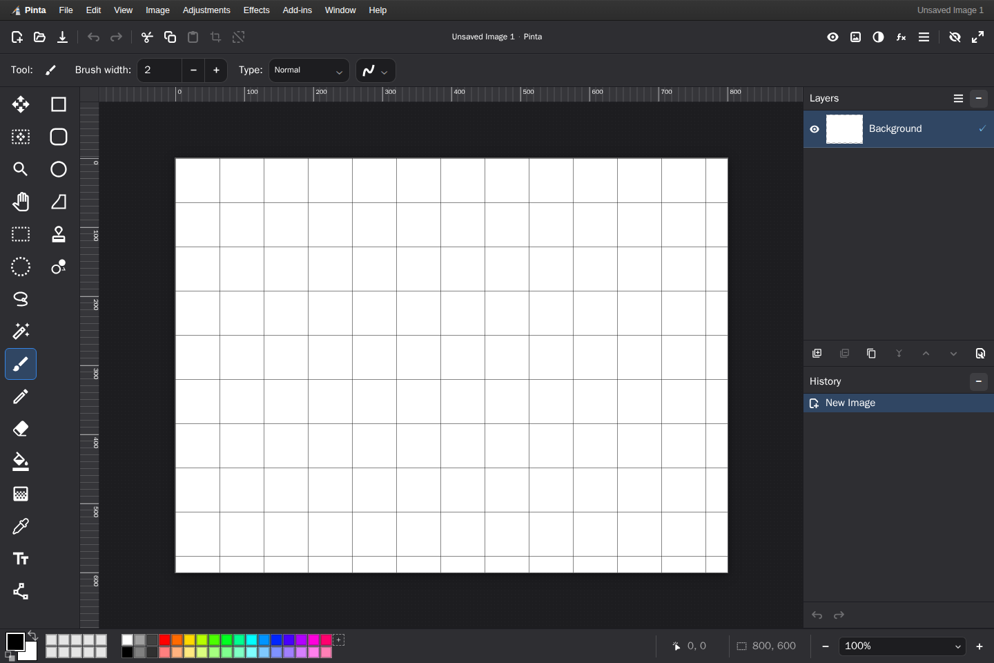 Pinta Online workspace with rulers, canvas grid, and pixel grid visible.